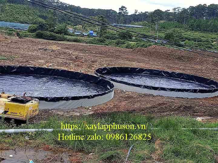 Hoàn thiện lắp đặt bể bạt HDPE tròn và khung tôn mạ kẽm nhúng nóng nuôi cá tầm đường kính 17m