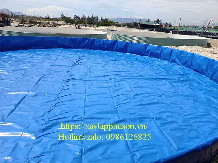 Sử dụng bạt nhựa HDPE xanh đen làm bể tròn nuôi cá giống nước mặn